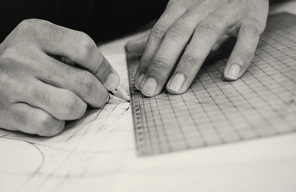 Le mani di uno studente che fanno un cartamodello utilizzando strumenti dell istituto Burgo.
