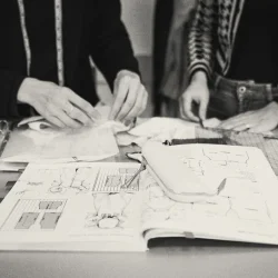 Una insegnante spiega a una allieva come fare un cartamodello.